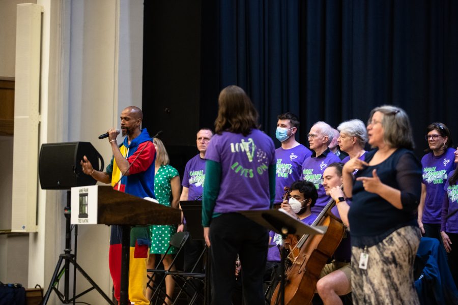 Jhe Russell performs a poem at a planting ceremony for an Anne Frank sapling at MacBride Hall at the University of Iowa on Friday, April 29, 2022. The sapling was propagated from the chestnut tree behind the annex where Anne and family hid.