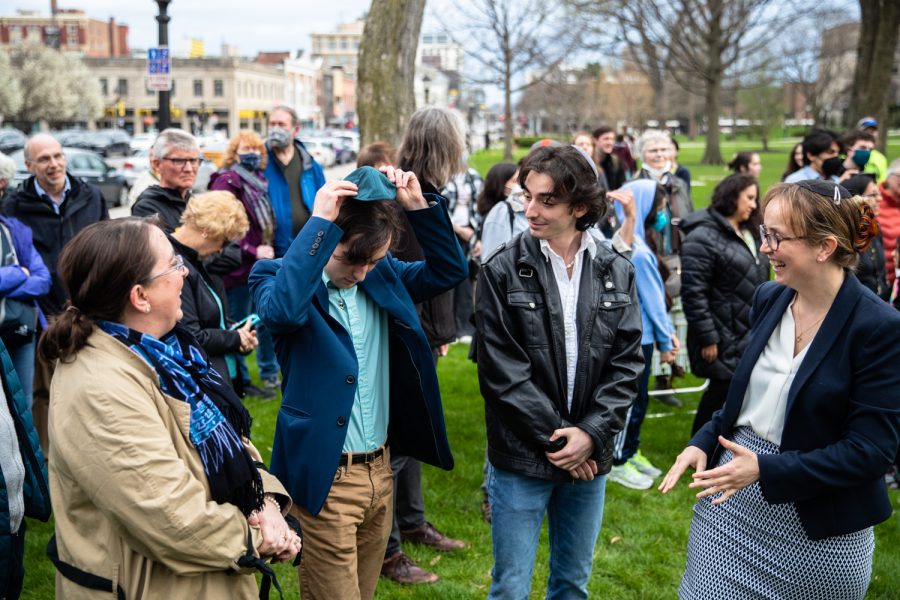 Rabbi Esther Hugenholtz speaks with community members at a planting ceremony for an Anne Frank sapling at the Pentacrest at the University of Iowa on Friday, April 29, 2022. The sapling was propagated from the chestnut tree behind the annex where Anne and family hid.