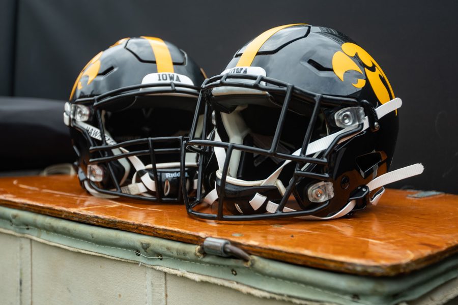 Iowa helmets sit on the sidelines before a football game between No. 18 Iowa and No. 17 Indiana at Kinnick Stadium on Saturday, Sept. 4, 2021. The Hawkeyes defeated the Hoosiers 34-6. 