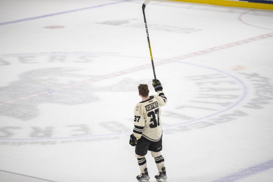 Iowa forward Ryan Kuffner is recognized at the end of the game after completing a hat trick during a hockey game between Iowa and Kalamazoo at Xtream Arena in Coralville on Friday, April 8, 2022. The Heartlanders defeated the Wings, 4-2. 