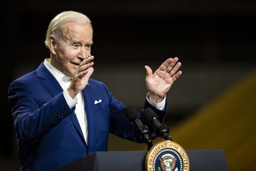 President Joe Biden waves during his visit at the POET Bioprocessing ethanol plant in Menlo, Iowa, on Tuesday, April 12, 2022.