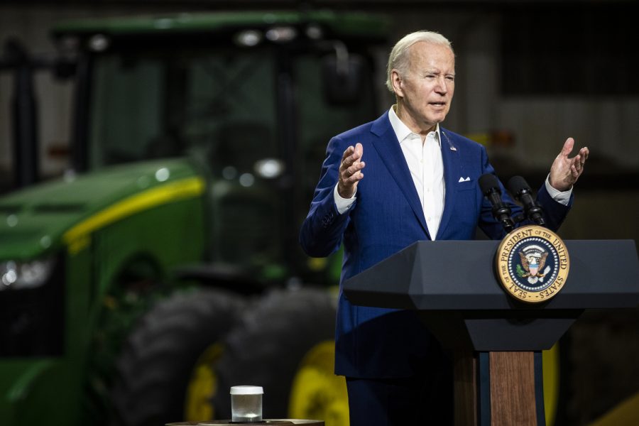 President Joe Biden speaks during his visit at the POET Bioprocessing ethanol plant in Menlo, Iowa, on Tuesday, April 12, 2022.