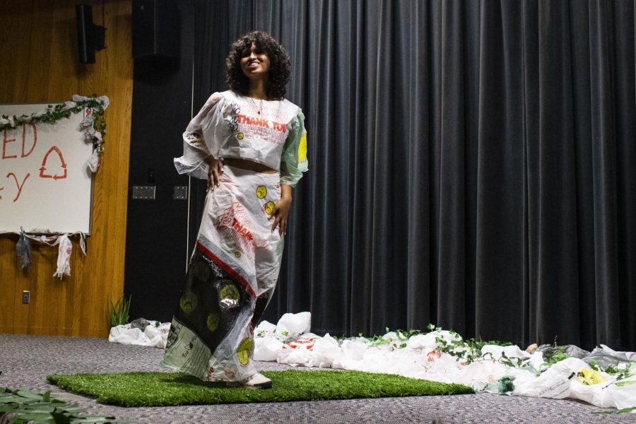 Model Samalya Thenuwara poses during a Recycled Runway fashion show at Becker Communication Studies Building in Iowa City on Friday, April 22, 2022.