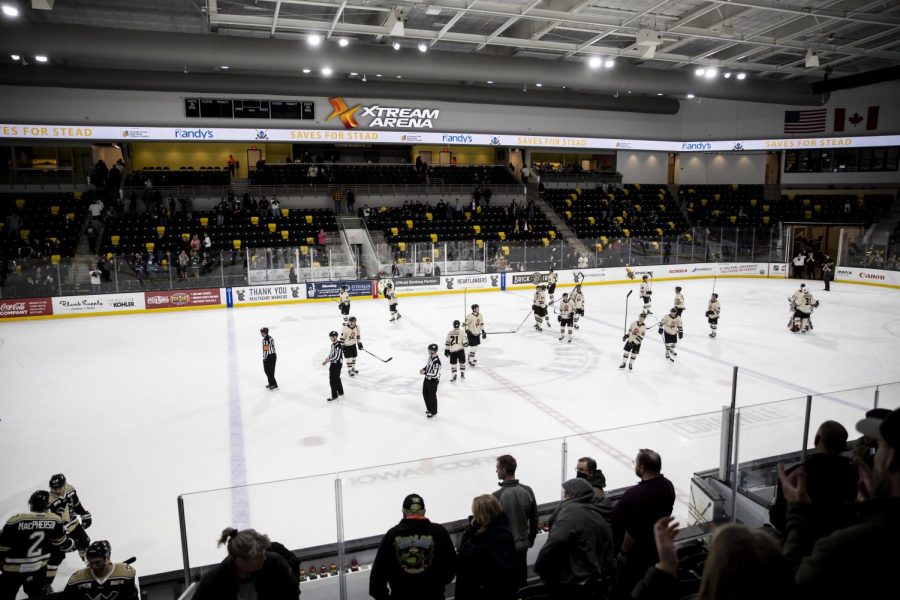 Iowa players wave goodbye after a loss in a hockey match between Iowa and Wheeling at Xtream Arena in Coralville on Wednesday, April 6, 2022. The Nailers defeated the Heartlanders, 6-4.