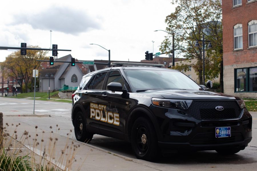An Iowa City Police car is seen near the Iowa City Police Department in Iowa City Monday, Nov. 1, 2021. 