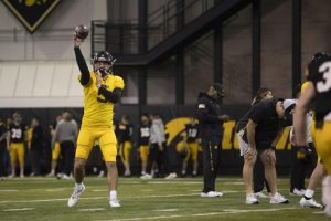 Iowa quarterback Joey Labas throws a pass during an Iowa football open practice at the Hansen Football Performance Center in Iowa City on Tuesday, March 29, 2022. 