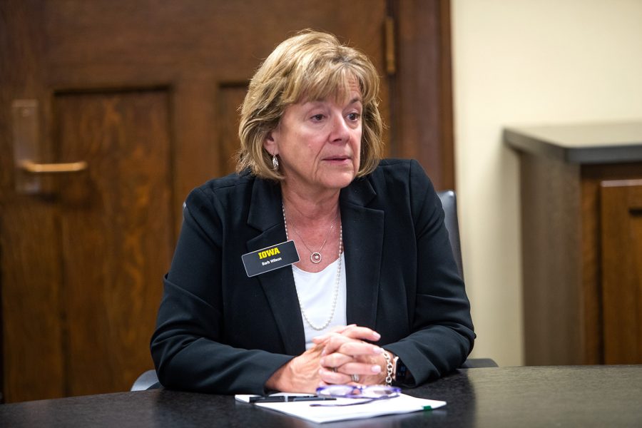 University of President Barbara Wilson speaks with members of The Daily Iowan in Jesup Hall on April 20, 2022.