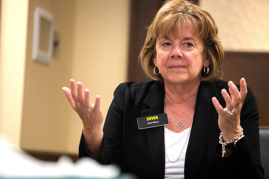 University of President Barbara Wilson speaks with members of The Daily Iowan in Jesup Hall on April 20, 2022.