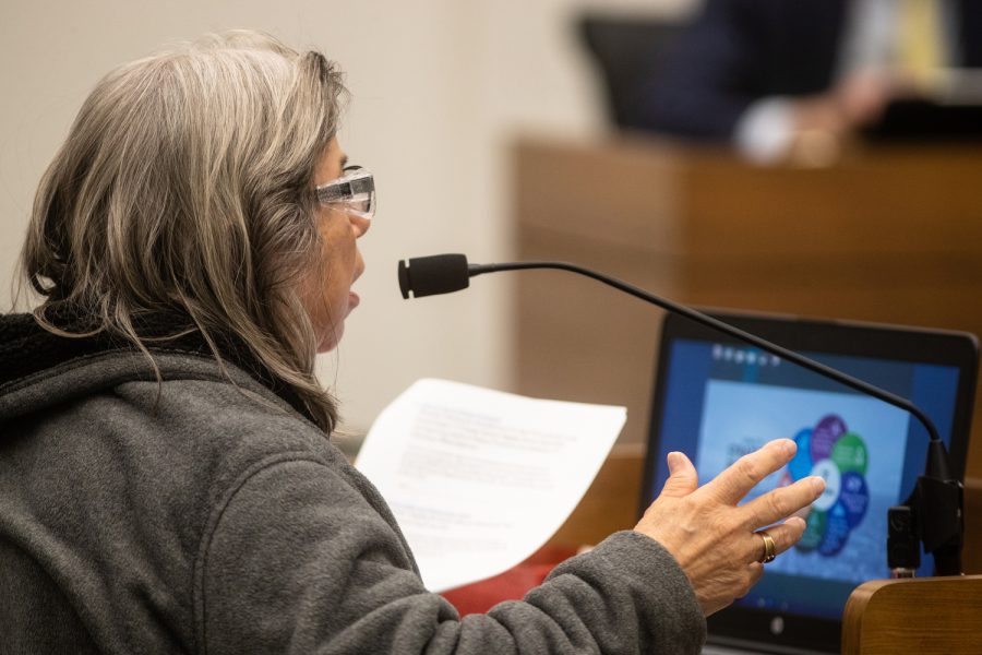 President of the Tenants Association Margarita Rodriguez speaks about the Forest View relocation plan at an Iowa City City Council meeting at City Hall in Iowa City on Tuesday, April 19, 2022. 