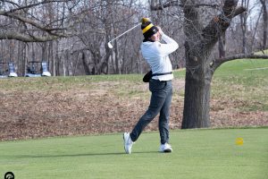 Iowa Golfer Mac McClears swings his golf club during the Hawkeye invitational at Finkbine Golf Course on April 16, 2022.