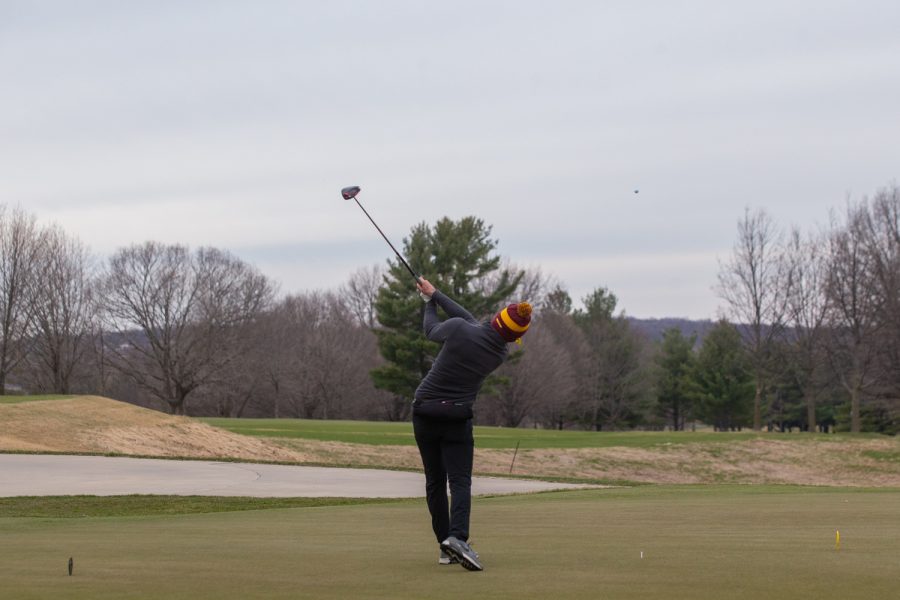 Minnesota’s Antoine Sale drives a ball during day two of the Hawkeye Invitational at Finkbine Golf Course in Iowa City on April 17, 2022. Sale finished with a score of 218.