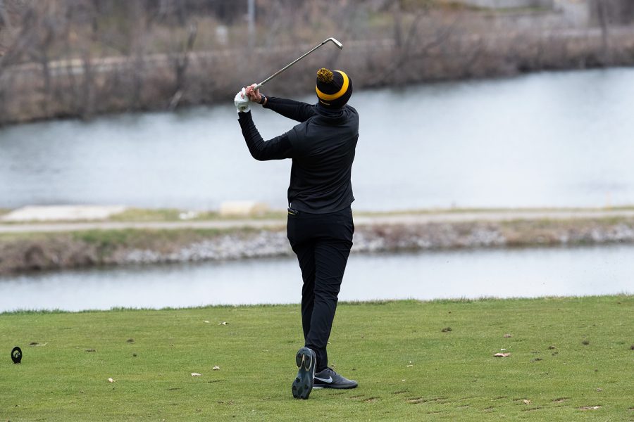 Iowa’s Callum MacFie drives the ball during day two of the Hawkeye invitational at Finkbine Golf Course in Iowa City on April 17, 2022. MacFie tied 39th place and scored 225.