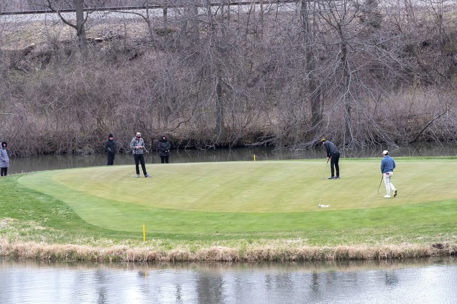 Iowa golfer Callum MacFie drives the ball during day two of the Hawkeye invitational at Finkbine Golf Course in Iowa City on April 17, 2022. MacFie tied 39th place and scored 225.