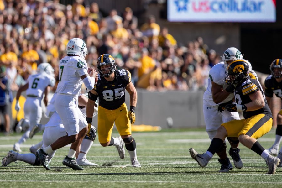 Iowa defensive lineman Logan lee charges Colorado State quarterback Todd Centeio during a football game between Iowa and Colorado State at Kinnick Stadium on Saturday, Sept. 25, 2021. Lee sacked Centeio on the play.The Hawkeyes defeated the Rams 24-14. 