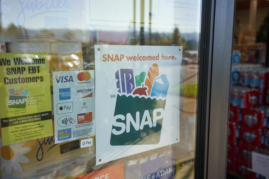 Portland, OR, USA - Oct 28, 2020: SNAP welcomed here sign is seen at the entrance to a Big Lots store in Portland, Oregon. The Supplemental Nutrition Assistance Program (SNAP) is a federal program.
