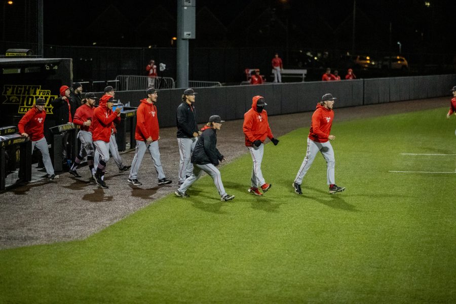 Illinois celebrates their win between Iowa and Illinois State at Duane Banks Field in Iowa City on Tuesday, May 3, 2022. The Redbirds defeated the Hawkeyes, 3-2.