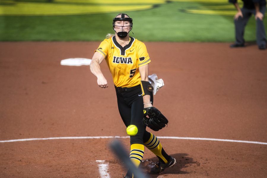 Iowa pitcher Denali Loeker pitches during a softball game between Iowa and Purdue at Pearl Field in Iowa City on Friday, May 6, 2022. Lokeker faced 25 batters while giving up nine hits. The Boilermakers defeated the Hawkeyes, 5-1.