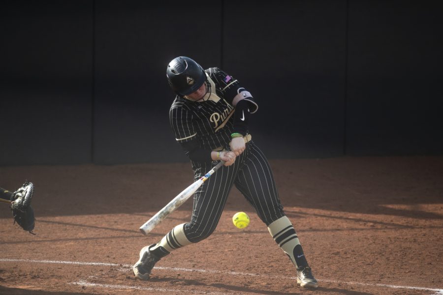Purdue first baseman Ryen Ross swings the bat during a softball game between Iowa and Purdue at Pearl Field in Iowa City on Friday, May 6, 2022. Ross batted four times and had zero hits. The Boilermakers defeated the Hawkeyes, 5-1.