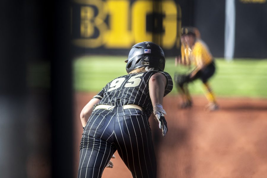Purdue centerfielder Kiara Dillon prepares to run to second base during a softball game between Iowa and Purdue at Pearl Field in Iowa City on Friday, May 6, 2022. Dillon batted twice and scored one run. The Boilermakers defeated the Hawkeyes, 5-1.
