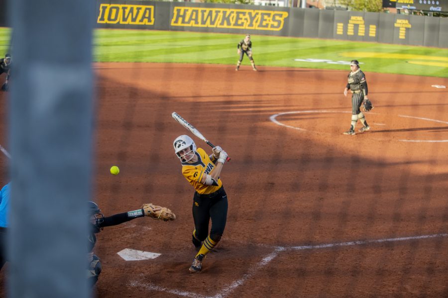 Iowa shortstop Sophia Maras is hit by the ball during a softball game between Iowa and Purdue at Pearl Field in Iowa City on Friday, May 6, 2022. Maras had one hit. The Boilermakers defeated the Hawkeyes, 5-1.