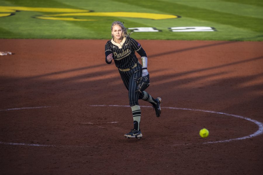 Purdue pitcher Brenna Smith pitches the ball during a softball game between Iowa and Purdue at Pearl Field in Iowa City on Friday, May 6, 2022. Smith faced five batters and gave up zero hits. The Boilermakers defeated the Hawkeyes, 5-1.