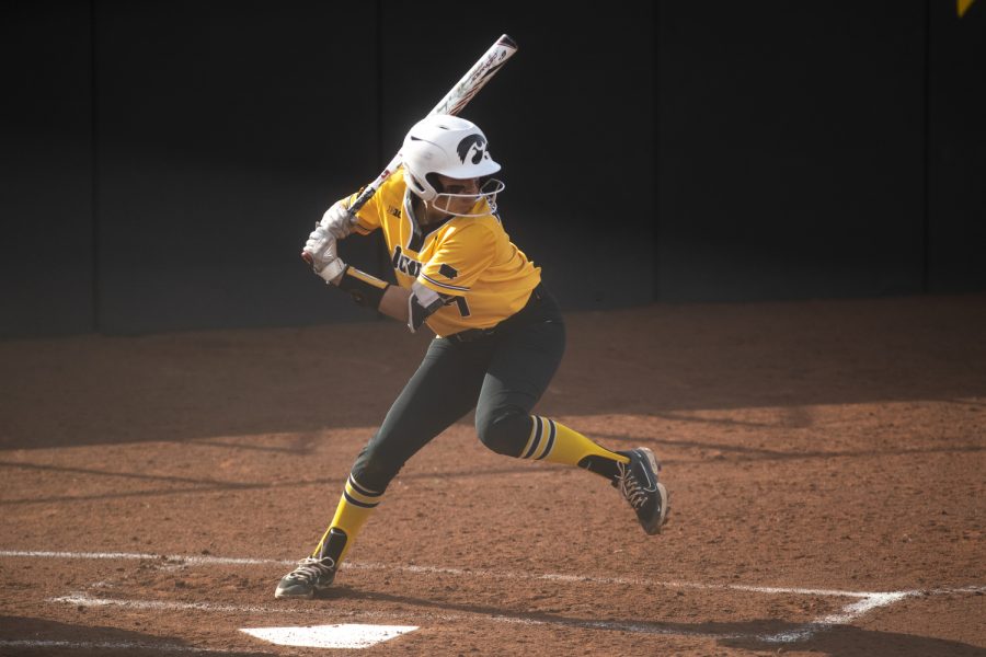 Iowa second baseman Sammy Diaz prepares to hit during a softball game between Iowa and Purdue at Pearl Field in Iowa City on Friday, May 6, 2022. Diaz batted twice. The Boilermakers defeated the Hawkeyes, 5-1.