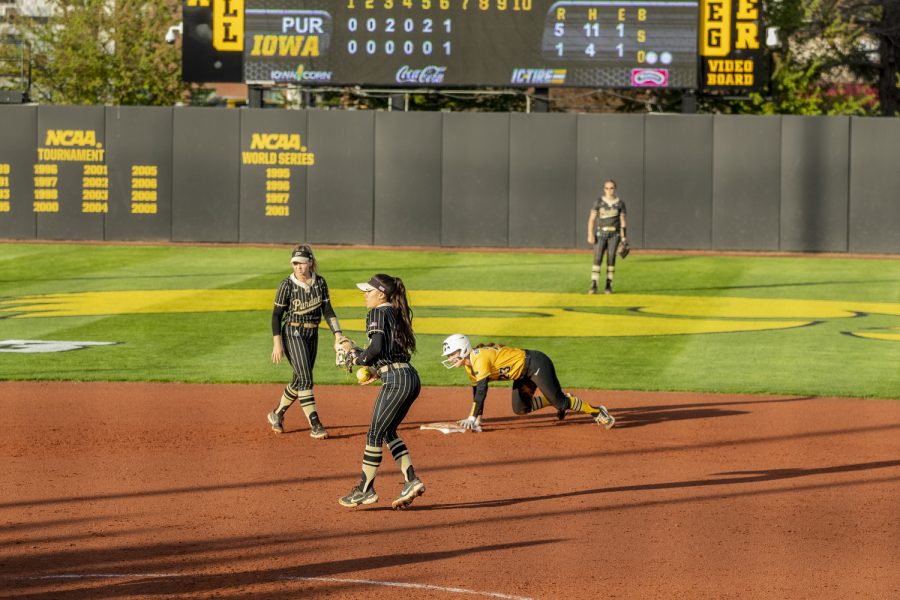 Iowa third baseman Grace Banes slides into second base during a softball game between Iowa and Purdue at Pearl Field in Iowa City on Friday, May 6, 2022. Banes had one hit in two at-bats. The Boilermakers defeated the Hawkeyes, 5-1.