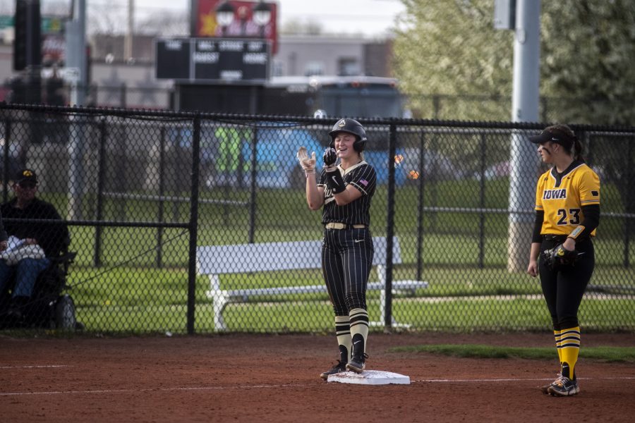 Purdue outfielder Kiara Dillon claps for her teammate during a softball game between Iowa and Purdue at Pearl Field in Iowa City on Friday, May 6, 2022. The Boilermakers defeated the Hawkeyes, 5-1.