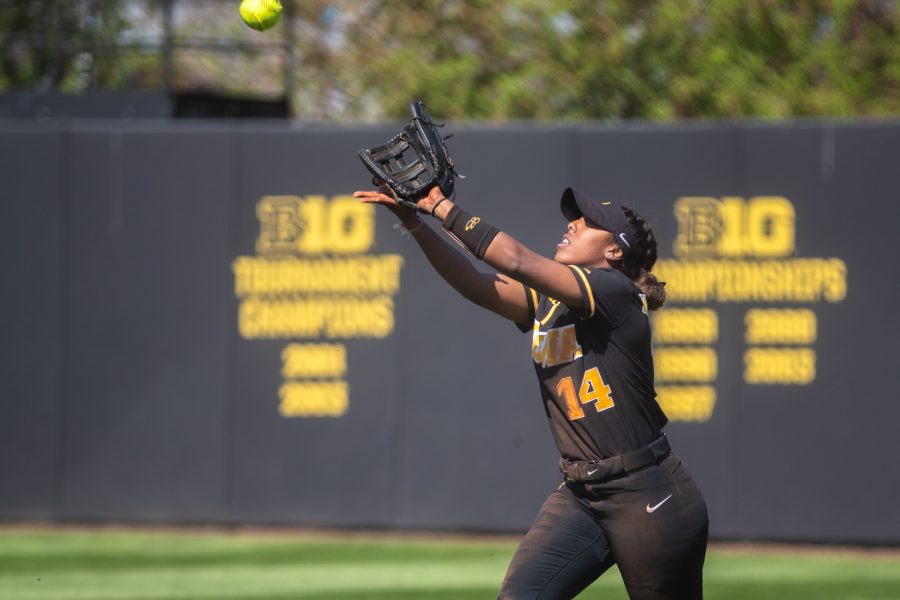 Iowa right fielder Nia Carter catches the ball during a softball game between Iowa and Purdue at Bob Pearl Field in Iowa City on Saturday, May 7, 2022. The Hawkeyes beat the Boilermakers, 9-3.