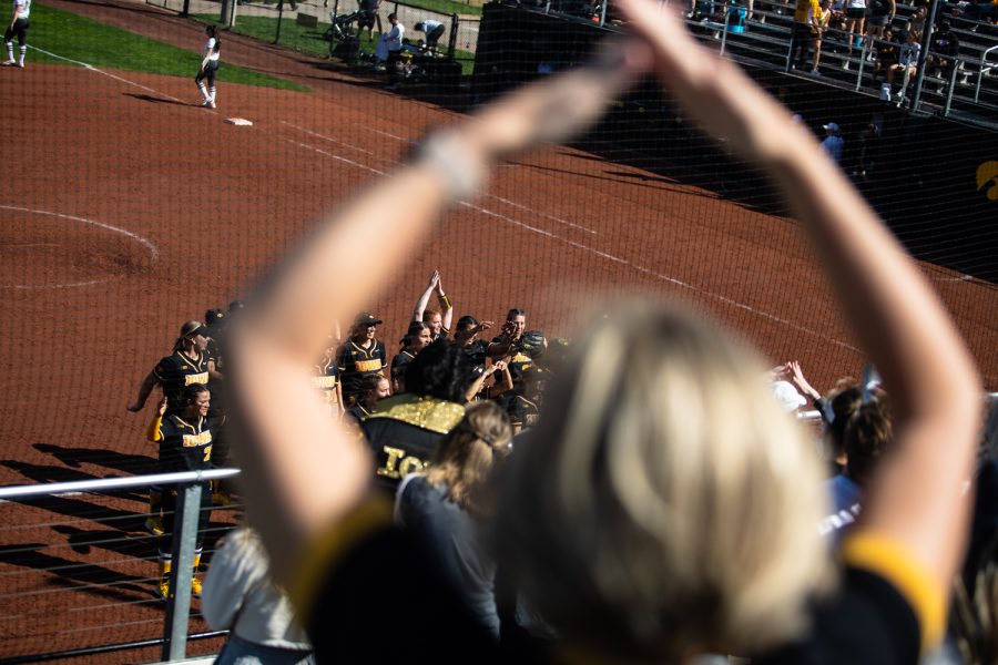 Iowa players and fans celebrate after a softball game between Iowa and Purdue at Bob Pearl Field in Iowa City on Saturday, May 7, 2022. The Hawkeyes beat the Boilermakers, 9-3.