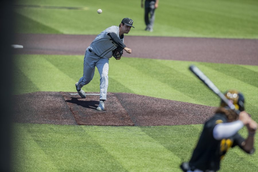 Purdue pitcher Wyatt Wendall pitches the ball during a game between Iowa and Purdue at Duane Banks Field in Iowa City, Iowa, on Saturday, May 7th, 2022. Wendall faced 22 batters and threw 77 pitches. The Boilermakers defeated the Hawkeyes, 10-6.
