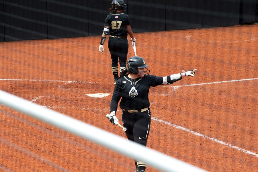 Purdue first baseman Alex Echazareta points during a softball game between Iowa and Purdue at Bob Pearl Field in Iowa City on Sunday, May 8, 2022. The Boilermakers defeated the Hawkeyes, 4-3. Echazareta had one hit in two at-bats.