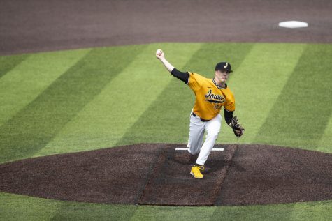Iowa starting pitcher Ty Langenberg throws a pitch during a baseball game between Iowa and Purdue at Duane Banks Field in Iowa City on Sunday, May 8, 2022. Langenberg threw seven complete innings while holding the Boilermakers to one run. The Hawkeyes defeated the Boilermakers, 9-1.
