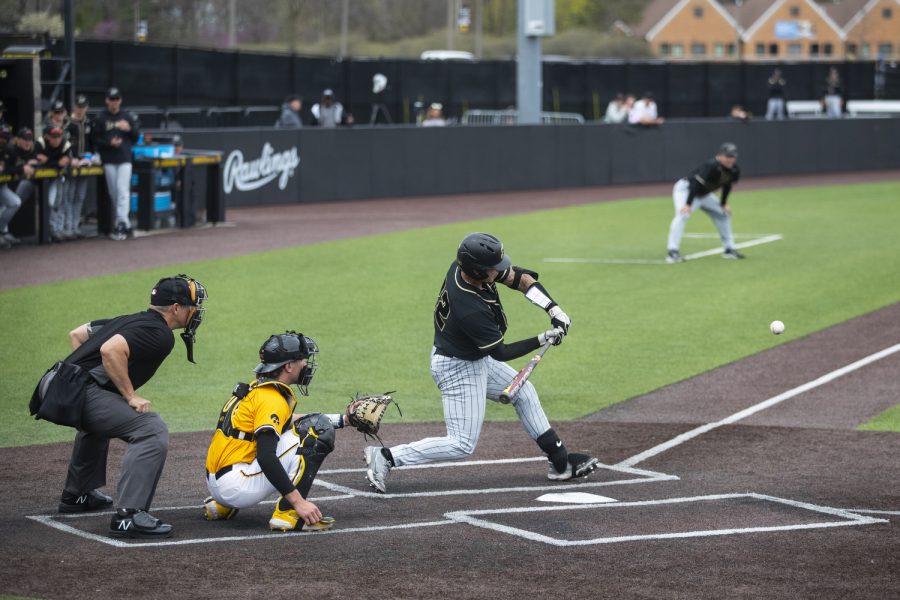 Purdue catcher Steve Ramirez swings during a baseball game between Iowa and Purdue at Duane Banks Field in Iowa City on Sunday, May 8, 2022. Ramirez picked up one of the five Boilermaker hits in two at-bats. The Hawkeyes defeated the Boilermakers, 9-1.