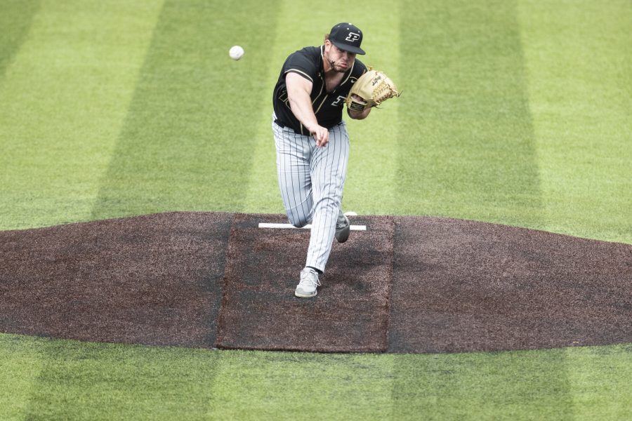 Purdue pitcher Nolan Daniel throws a pitch during a baseball game between Iowa and Purdue at Duane Banks Field in Iowa City on Sunday, May 8, 2022. Daniel gave up one hit in two and a third innings of work. The Hawkeyes defeated the Boilermakers, 9-1.