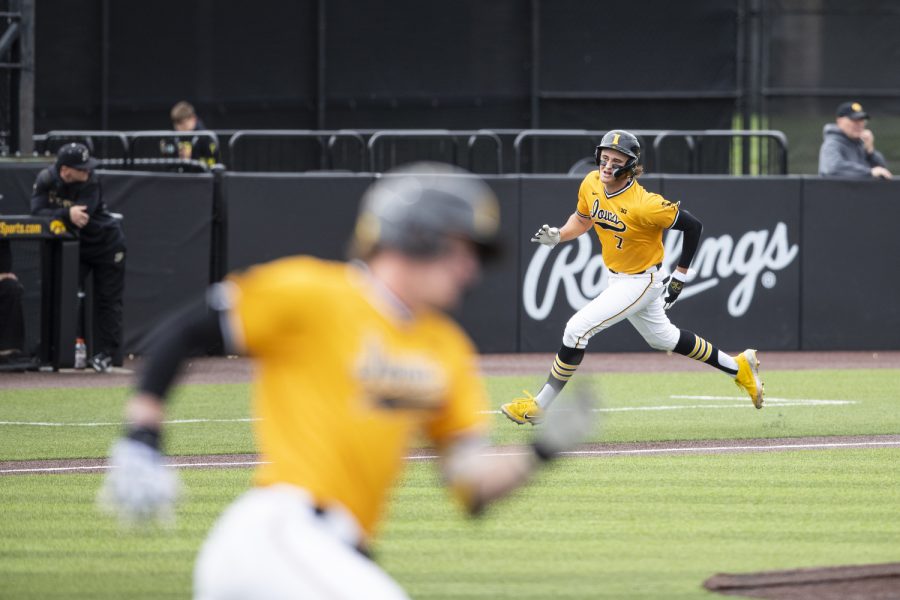 Iowa right fielder Keaton Anthony rounds third base to score during a baseball game between Iowa and Purdue at Duane Banks Field in Iowa City on Sunday, May 8, 2022. The Hawkeyes defeated the Boilermakers, 9-1.