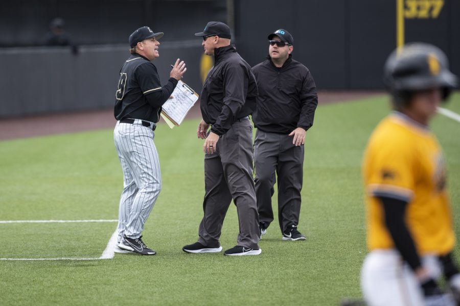 Purdue head coach Greg Goff argues with officials during a baseball game between Iowa and Purdue at Duane Banks Field in Iowa City on Sunday, May 8, 2022. Goff argued a foul ball call the third base umpire made. Had the ball been called fair, Purdue could have turned a double play in the fifth inning. The Hawkeyes defeated the Boilermakers, 9-1.