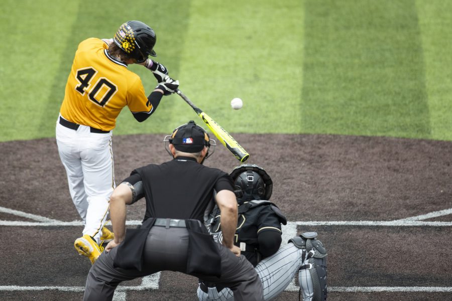 Iowa catcher Cade Moss swings during a baseball game between Iowa and Purdue at Duane Banks Field in Iowa City on Sunday, May 8, 2022. Moss picked up two hits and one RBI. The Hawkeyes defeated the Boilermakers, 9-1.