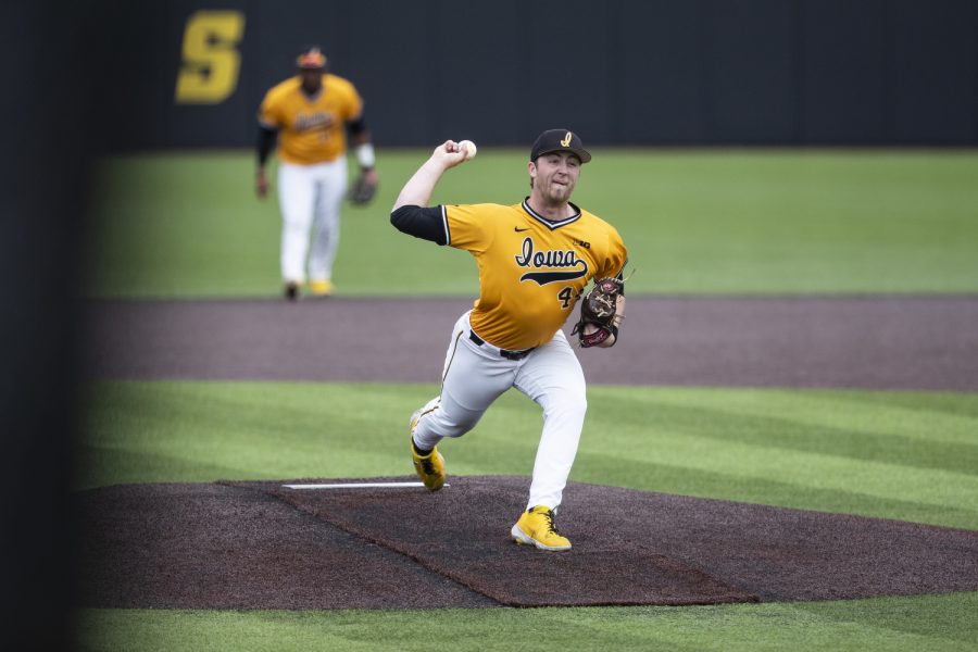 Iowa pitcher Duncan Davitt throws a pitch during a baseball game between Iowa and Purdue at Duane Banks Field in Iowa City on Sunday, May 8, 2022. Davitt shut out the Boilermakers in the final two innings. The Hawkeyes defeated the Boilermakers, 9-1.