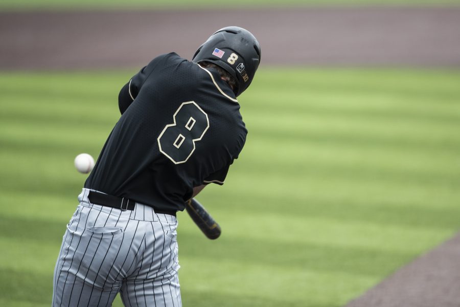 Purdue third baseman Troy Viola swings during a baseball game between Iowa and Purdue at Duane Banks Field in Iowa City on Sunday, May 8, 2022. Viola picked up one hit in three at-bats. The Hawkeyes defeated the Boilermakers, 9-1.