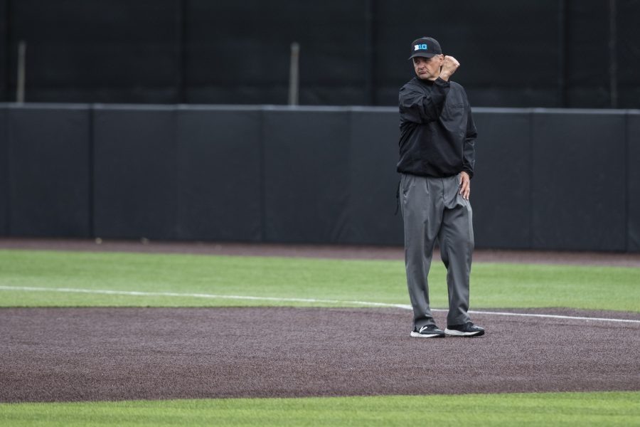 An official calls an out during a baseball game between Iowa and Purdue at Duane Banks Field in Iowa City on Sunday, May 8, 2022. The Hawkeyes defeated the Boilermakers, 9-1.