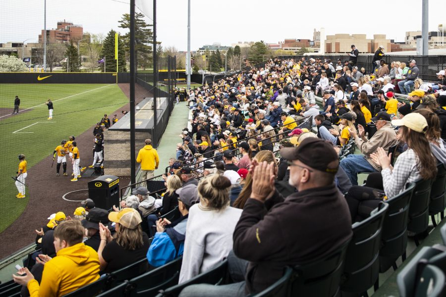 Iowa fans applaud during a baseball game between Iowa and Purdue at Duane Banks Field in Iowa City on Sunday, May 8, 2022. The Hawkeyes defeated the Boilermakers, 9-1. With the win, Iowa clinched the three game series.