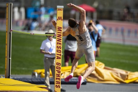 Iowa’s Austin West completes the high jump as part of the decathlon during day one of the 2022 Big Ten Outdoor Track and Field Championships at the University of Minnesota Track & Field Stadium in Minneapolis on Friday, May 13, 2022. West leads the decathlon after day one with 4,150 points.