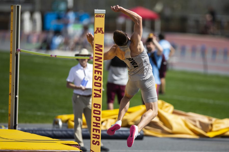 Iowa%E2%80%99s+Austin+West+completes+the+high+jump+as+part+of+the+decathlon+during+day+one+of+the+2022+Big+Ten+Outdoor+Track+and+Field+Championships+at+the+University+of+Minnesota+Track+%26amp%3B+Field+Stadium+in+Minneapolis+on+Friday%2C+May+13%2C+2022.+West+leads+the+decathlon+after+day+one+with+4%2C150+points.