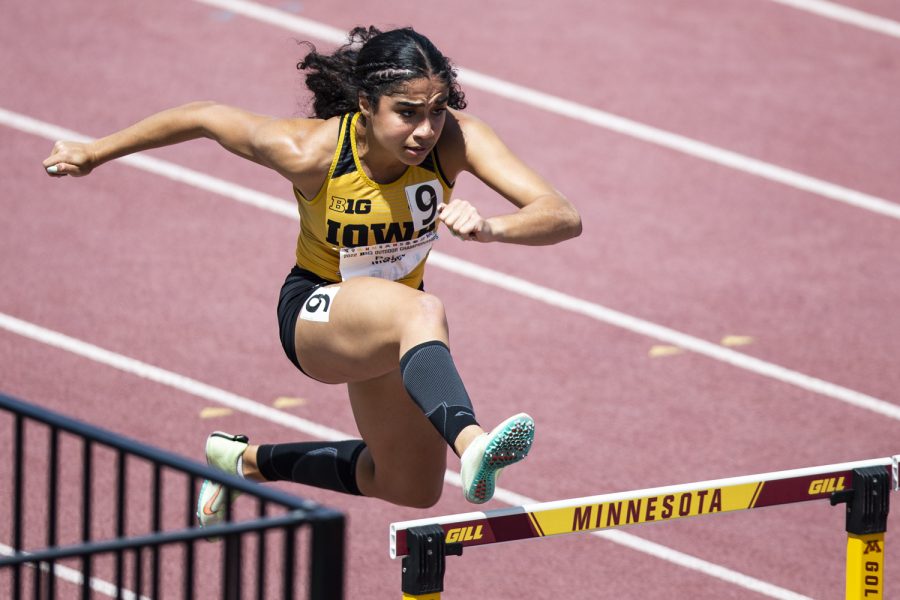 Iowa%E2%80%99s+Paige+Magee+jumps+a+hurdle+during+day+three+of+the+2022+Big+Ten+Outdoor+Track+and+Field+Championships+at+the+University+of+Minnesota+Track+and+Field+Stadium+in+Minneapolis+on+Sunday%2C+May+15%2C+2022.+Magee+did+not+finish+the+event.