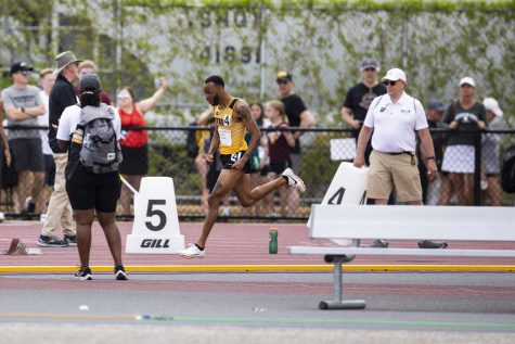 Iowa’s Julien Gillum celebrates after winning the men’s 400-meter hurdle final during day three of the 2022 Big Ten Outdoor Track and Field Championships at the University of Minnesota Track and Field Stadium in Minneapolis on Sunday, May 15, 2022. Gillum, one of four Hawkeyes in the event, recorded a time of 51.12 seconds.