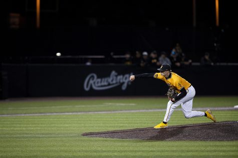 Iowa pitcher Ty Langenberg pitches the ball during a baseball game at Duane Banks Field in Iowa City on Saturday, May 21, 2022. The Iowa Hawkeyes defeated the Indiana Hoosiers, 2-1. Langenberg pitched five innings and struck out four batters.
