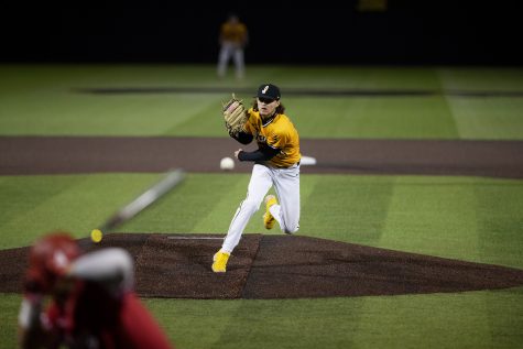 Iowa pitcher Beutel pitches the ball during a baseball game at Duane Banks Field in Iowa City on Saturday, May 21, 2022. The Iowa Hawkeyes defeated the Indiana Hoosiers, 2-1. Beutel pitched two innings and received his fourth save of the season.