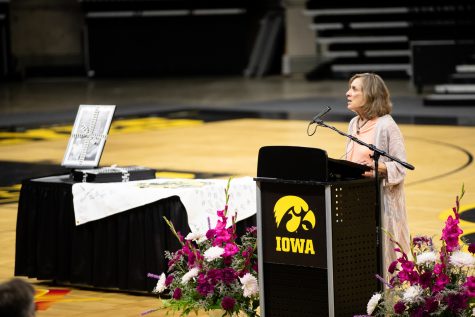Former Iowa Womens Sports Information Director Liz Ullman speaks at a celebration of Dr. Christine Grants life at Carver-Hawkeye Arena on Sunday, May 22, 2022. The service was open to the public, and several people spoke of the impact of Grant and her work.