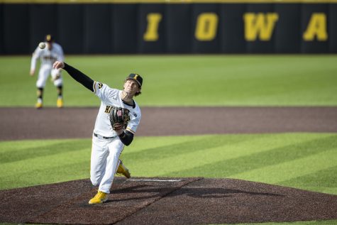 Iowa pitcher Adam Mazur throws the ball during a baseball game between Iowa and Purdue at Duane Banks Field in Iowa City on Friday, May 6, 2022. Mazur threw for just over eight innings. The Hawkeyes defeated the Boilermakers 5-2.